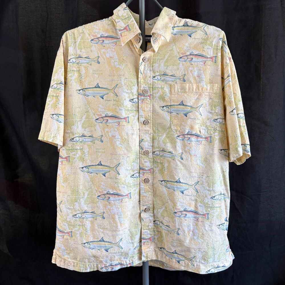Reel Legends Fish Florida Keys Map Fishing Shirt Men's L Cotton Rayon Button Up